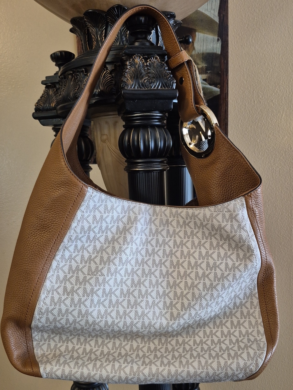 Michael Kors Purse Classic Hobo  MK Over Cream Backdrop Brown Trim Gold Emblemn